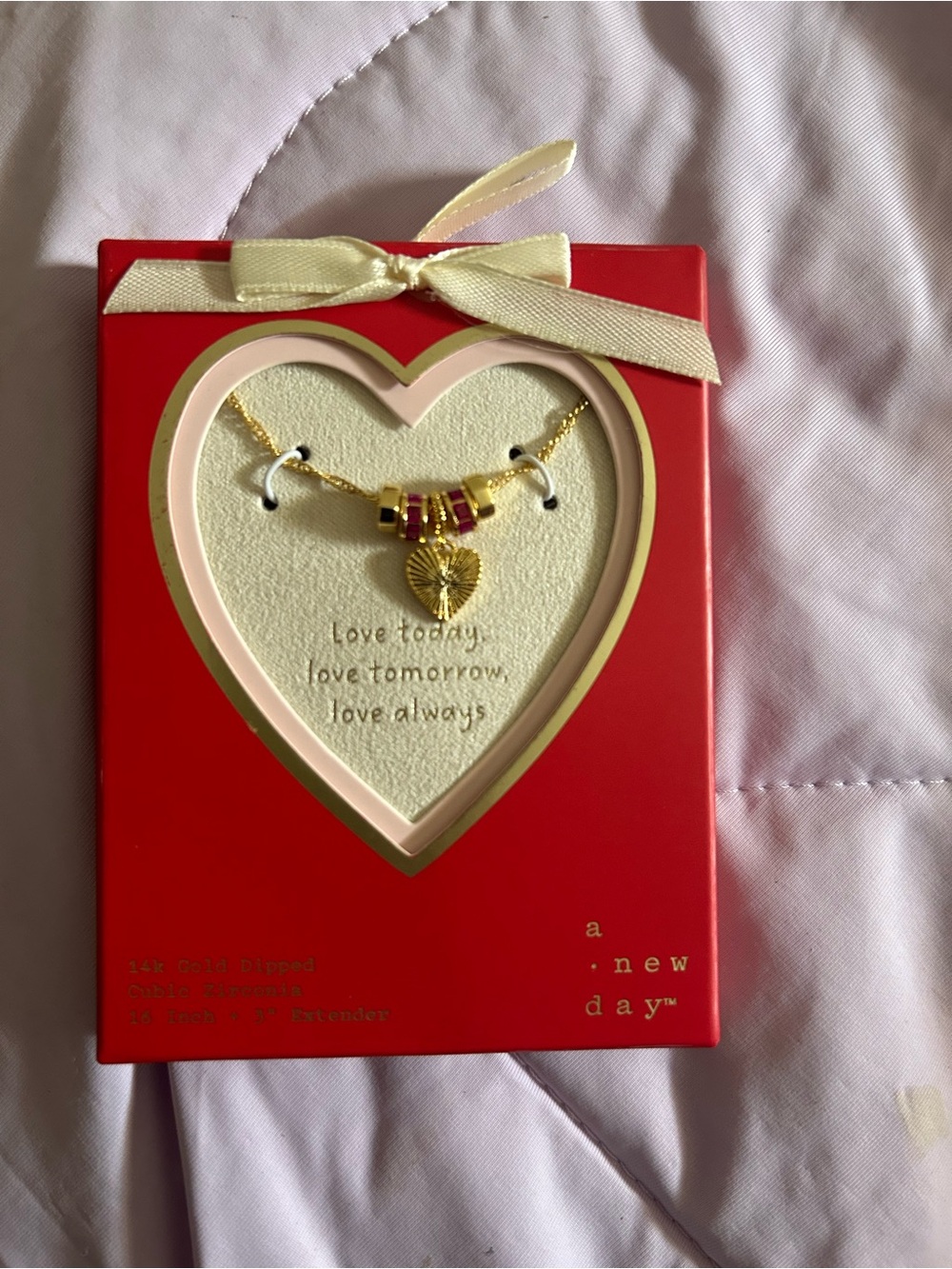 a new day Gold Heart Charm Necklace with Pink and Cream Beads